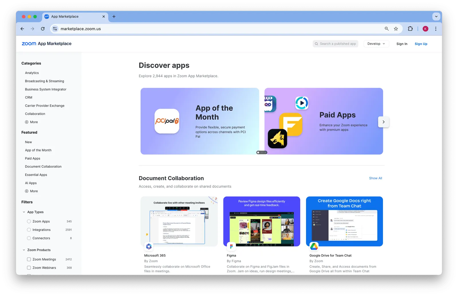 Zoom App Marketplace homepage screen shot.